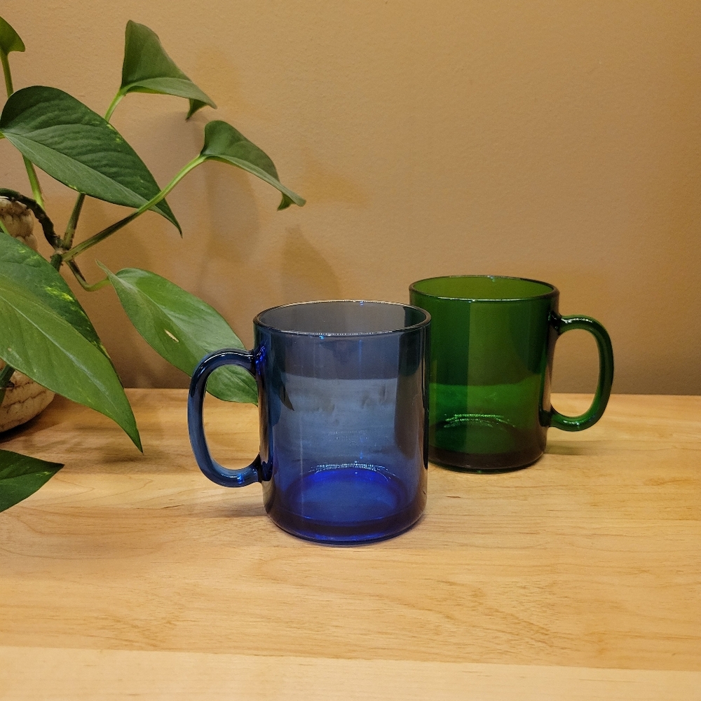 Vintage Arcoroc Cobalt Blue & Emerald Green Mugs